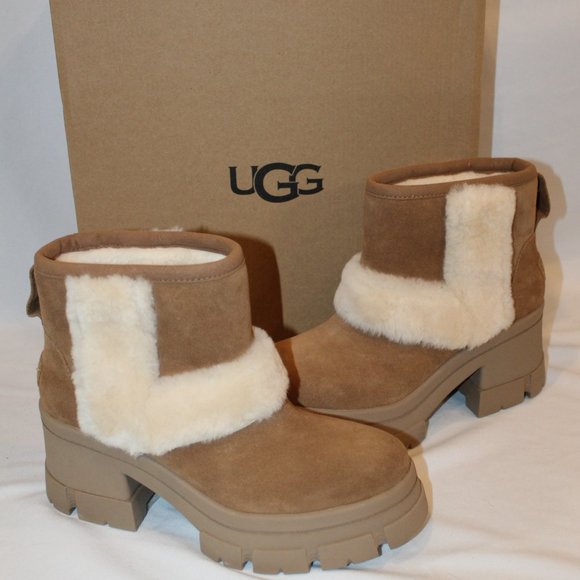 NIB UGG WOMEN'S SUNBURST BROOKLEN PLATFORM‎ SUEDE SHEARLING LINED ANKLE BOOTIES - Picture 1 of 7